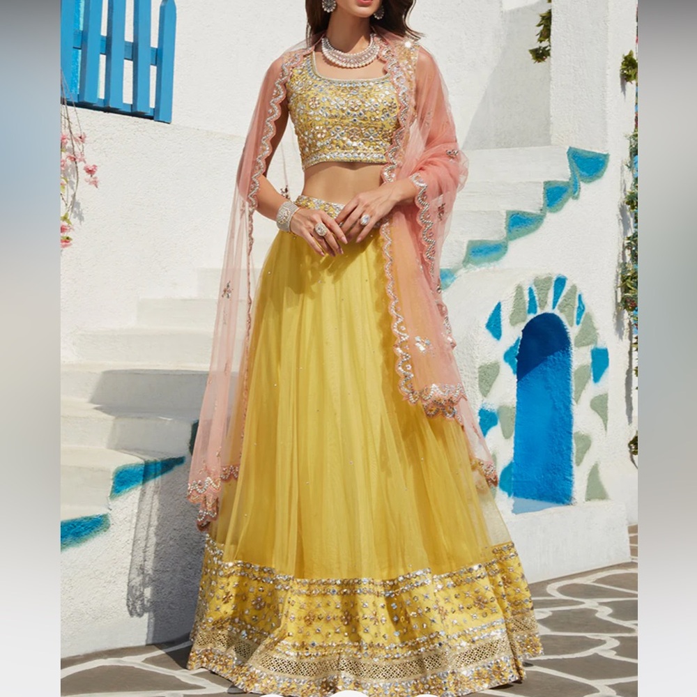Embellished Yellow Lehenga Set with Pink Dupatta
